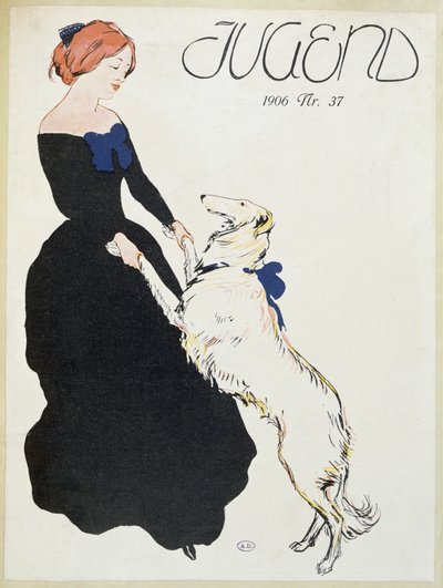 グレイハウンドの女性、ユーゲントのイラスト、1906年 作： German School