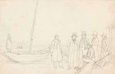 7 人の人物がいる湖畔のシーン 作： German School