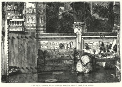 古代エジプト、メンフィスの夫の棺のそばにいる未亡人の嘆き（リトグラフ 作： German School