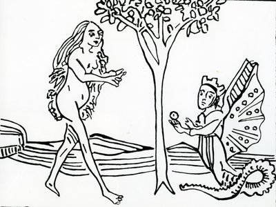 翼のある王冠、蛇の尾を持つリリスは、1470年のオリジナルの後、「Speculum Humanae Salvationis」からリンゴをイブに提供します 作： German School