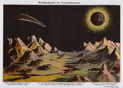 月の風景、日食、1911年の彗星（カラーリトグラフ） 作： German School