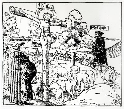 ルター（1483-1546）とフス（1369-1415）、羊飼いのキリストと一緒、1520-21年頃 作： German School