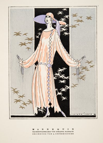 ヨハンナ・マルバッハのドレスの広告「マネキン」、1922年発行の『Styl』より（ポショワール版画） 作： German School