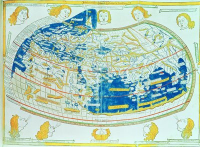 プトレマイオス (アレクサンドリアのクラウディウス プトレマイオス) (c.90-168 AD) による「Geographia」に記載されている説明と座標に基づいた世界地図、ドイツのウルムで出版 作： German School