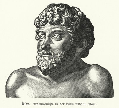 古代ギリシャの寓話作家イソップ（紀元前620-564年頃）の大理石の胸像（リトグラフ版 作： German School