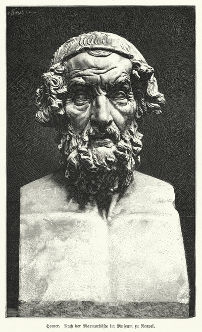 古代ギリシャの詩人、ホメロスの大理石の胸像（リトグラフ 作： German School