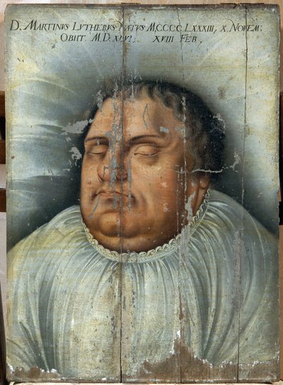 マルティン・ルター (1483-1546) の死の床 (M. Luther On His Deathbed)。 匿名の絵画、木に油彩 作： German School