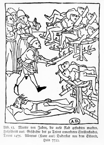 トレントで殺害されたキリスト教徒の子供たちの歴史から、1475年にアルベルトスクーネによってトレントに出版された、ユダヤ人の殉教 作： German School