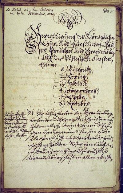 1740年11月19日、シレシアの併合に同意する、ハレ大学の首相によって作成された覚書 作： German School