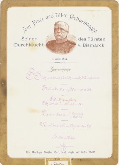 1894年4月1日のプリンスフォンビスマルク79周年記念メニュー 作： German School