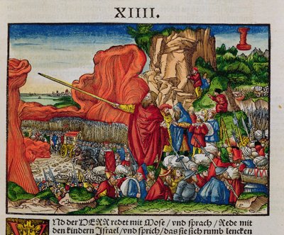 ルター聖書の紅海を渡るモーセ、1530年頃（色の木版画） 作： German School