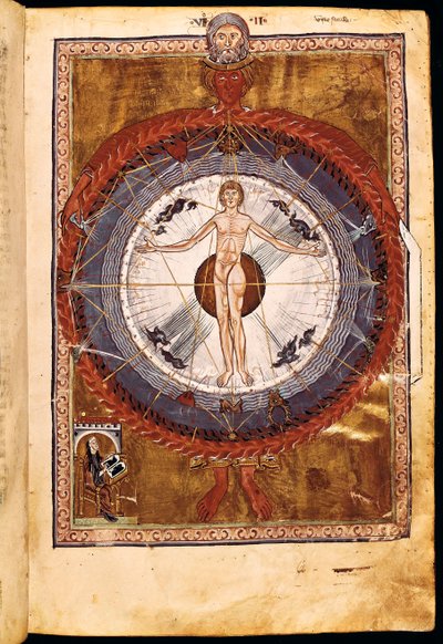 Ms 1942宇宙圏と人間、「Liber Divinorum Operum」からのヒルデガルト・オブ・ビンゲンのビジョン、c.1220-30 作： German School