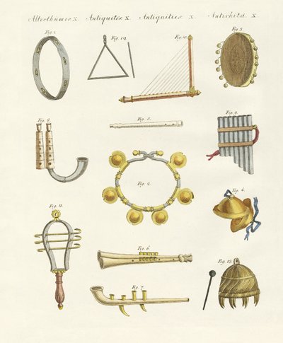 古代の楽器-笛、ガラガラ、シンバル 作： German School