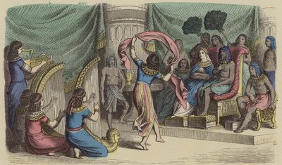 古代エジプトのファラオの前で演奏する音楽家と踊り子（彩色済み彫刻 作： German School