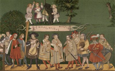 1520年、ゲシュレヒタータンツのダンサーのために演奏するドイツのアウクスブルク出身のミュージシャン 作： German School