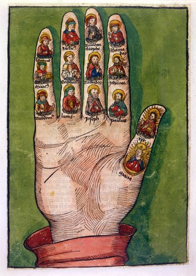 キリスト、聖母マリア、使徒などを描いたスウェーデンのブリジットの神秘的な手、1491年（手彩色の彫刻） 作： German School