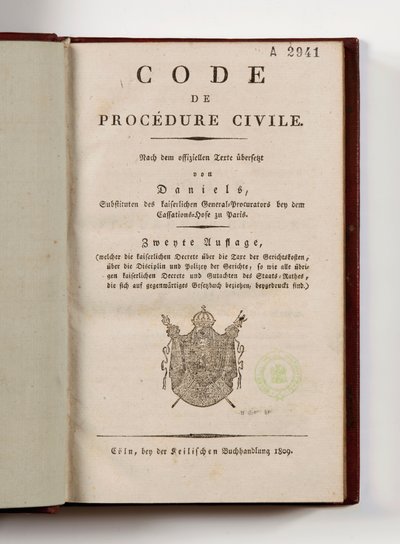 タイトルページ、ケルン、1809（印刷された紙）で開いたライン左岸のフランスの部門のための民事訴訟のナポレオン法のコード 作： German School