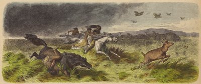 大草原の火から逃げるネイティブ・アメリカンと動物たち（カラー図版 作： German School