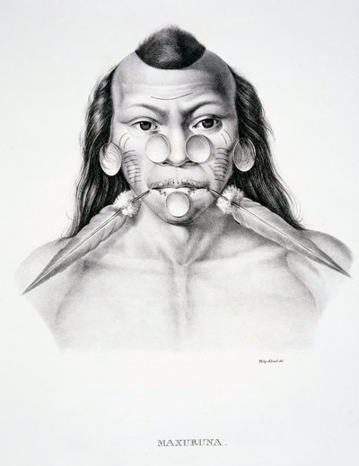 フォンスピックス博士とフォンマルティウス博士によるブラジルの旅の地図からの顔の装飾が施されたマクスルナ族の先住民 作： German School