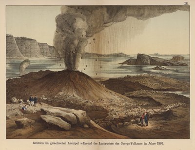 1866年の噴火の後、ギリシャのサントリーニ島のカルデラ内にある火山島、ネアカメニ（カラーリトグラフ 作： German School