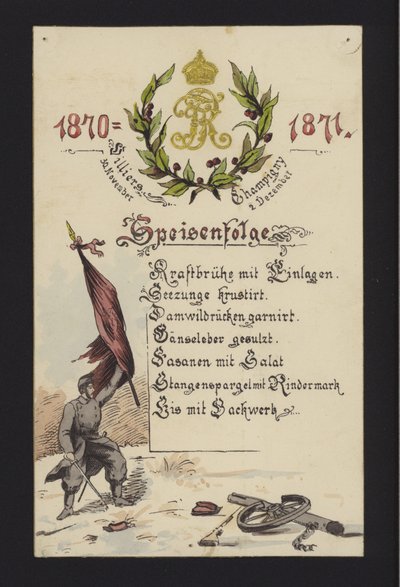 1870年12月30日と1871年1月2日にパリのヴィリエとシャンピニーで占領軍のドイツ人が開いた新年の宴（カラーリトグラフ 作： German School