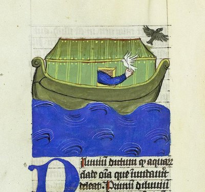 鳩と鴉を放すノア、『De Rerum Naturis - Rabanus Maurus』、1425年頃（ベラムにガッシュ 作： German School