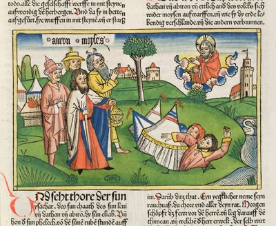 数字16 32地球は反逆者のデーサンとアビラムをニュルンベルク聖書（Biblia Sacra Germanaica）から飲み込みます（色の木版画） 作： German School