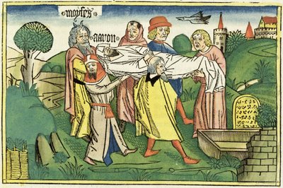 数字20 22-29ニュルンベルクの聖書からのアーロンの死（Biblia Sacra Germanaica）（色の木版画） 作： German School