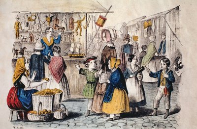 ドイツのオープンエアマーケット、1860年頃（カラー彫刻） 作： German School