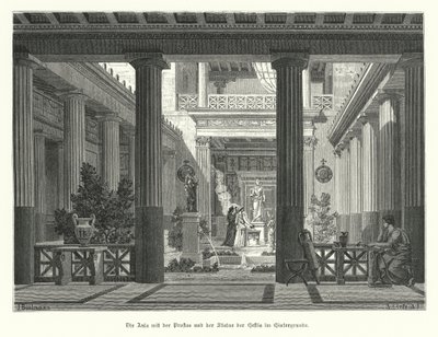 女神ヘスティアの像を背景にした、古代ギリシャの家のオープンコート（エングレービング 作： German School