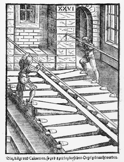 Praetorious Syntagma Musicum、パブからのハルバーシュタット大聖堂のオルガンベローズとブロワー。 1619年 作： German School