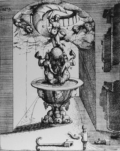 ゲオルク・アンドレアス・ボックラー（1617-85）が1704年に出版した「新奇な建築」より、装飾的な噴水（エングレーヴィング） (白黒写真) 作： German School