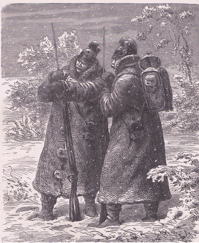 雪の中の前哨基地（Cassells History of the War between France and Germany, Cassell and Company Limited, c.1890 (litho)）。 作： German School