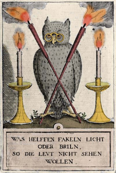 眼鏡をかけたフクロウは知恵の象徴。Amphitheatrum sapientiae aeternae "のエングレーヴィング。(永遠の知恵の円形劇場）（Hamburg: n.n. 作： German School