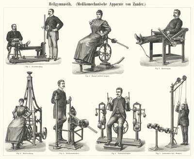 理学療法：スウェーデンの医師・整形外科医であるグスタフ・ザンダーが発明した機械療法の装置（彫刻）。 作： German School