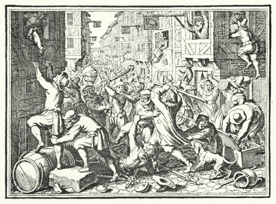 1614年のフェットミルチライジングでのフランクフルトのユダヤ人ゲットー、ユデンガッセの略奪 作： German School