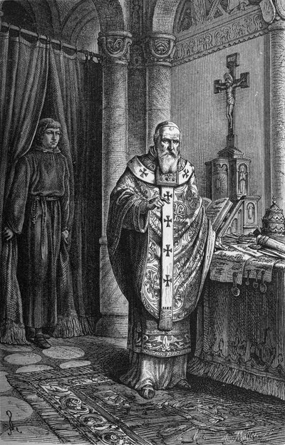 教皇クレメンス4世（ギ・フーコワまたはクーツまたはフーコワ、12世紀後半～1268年）。リチャード・ロートの「Kaiser, Konig und Papft」に掲載されているエングレーヴィング 作： German School