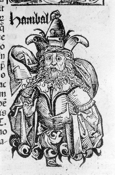 カルタゴニアの将軍であり政治家でもあったハンニバル（紀元前247年～紀元前183年）の肖像画（ニュルンベルク1497年、Hartmann Schedel作「Liber chronicarum」より 作： German School