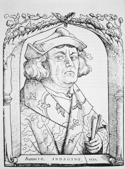 19世紀後半に出版された「歴史の魔法」に描かれた、Ioannes ab IndagineによるChiromantiaのHans Baldung Grienに続く1531年のIndagineジョンの肖像 作： German School