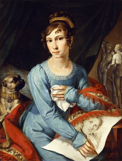彼女のパグ犬を持つ女性の肖像画、 作： German School