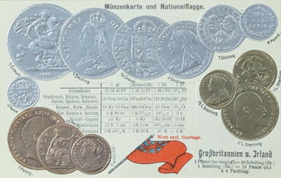 1905年頃、イギリスの通貨とそれに相当する他のヨーロッパの貨幣を描いた絵葉書 作： German School