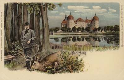 モリッツバーグ城を背景にしたショットスタッグを持つ男を描いたポストカード 作： German School
