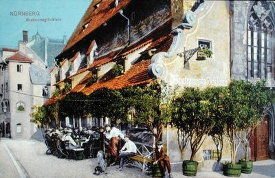 1914年以前、Nuernbergのレストラン「Bratwurstglocklein」を描いた絵葉書（カラー写真）。 作： German School