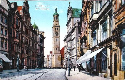 アウグスブルクのカロリネン通りを描いた絵葉書、1910年頃（カラー写真） 作： German School