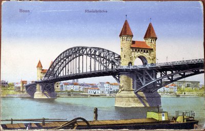 ボンのライン川にかかる橋を描いた絵葉書、1900年頃（カラー写真） 作： German School