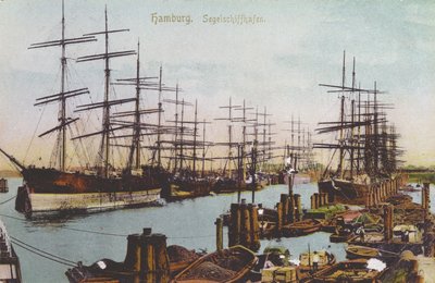 ハンブルクの帆船港の絵葉書、1900年頃（カラー写真） 作： German School