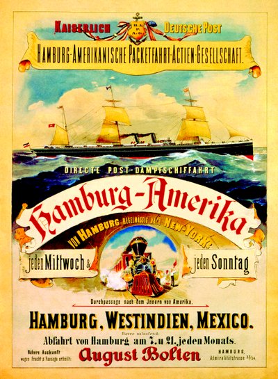 ハンブルクアメリカンラインの広告ポスター、1883年 作： German School