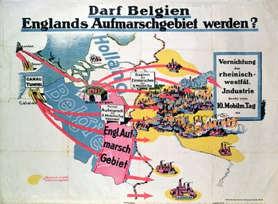 ベルギーとイギリスを結ぶ水路トンネルの建設案に関するドイツの不安を表明したポスター、c.1914-18 作： German School