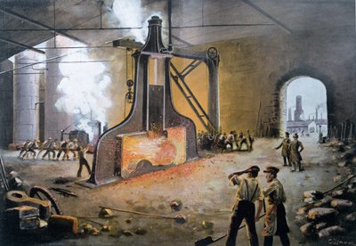 1842年にドイツのジェームズナスミスが発明したパワーハンマー。E.Zimmerが刻印し、ハンスクレーマーがLe XIXeme siecleから彫刻した。1900年頃（カラー彫刻） 作： German School