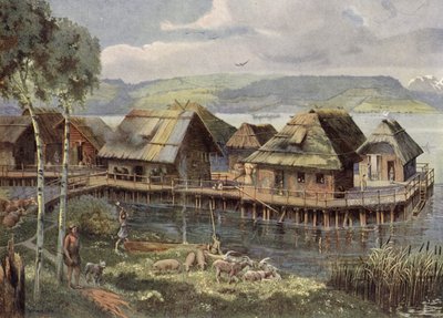 先史時代のヨーロッパの湖の村（カラーリトグラフ） 作： German School
